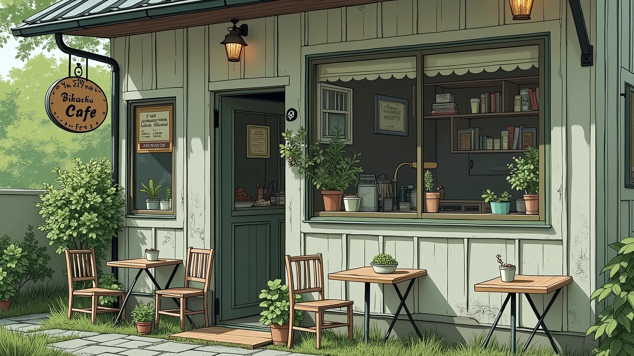 line-art painting of an coffee shop surrounded by green with the sign say "Bikachu Cafe", light rain outside, detailed texture