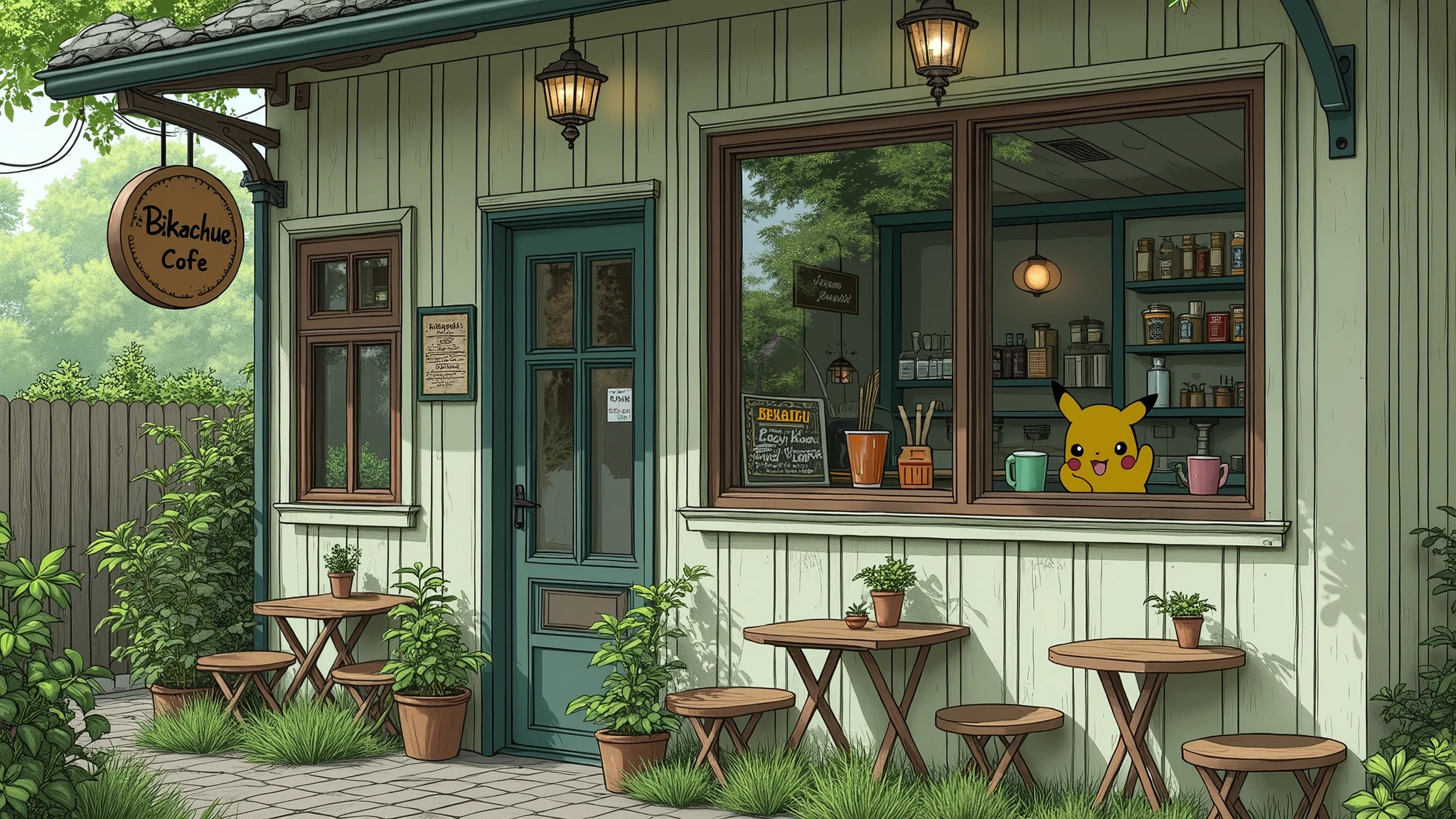 line-art painting of an coffee shop surrounded by green with the sign say "Bikachu Cafe", light rain outside, detailed texture