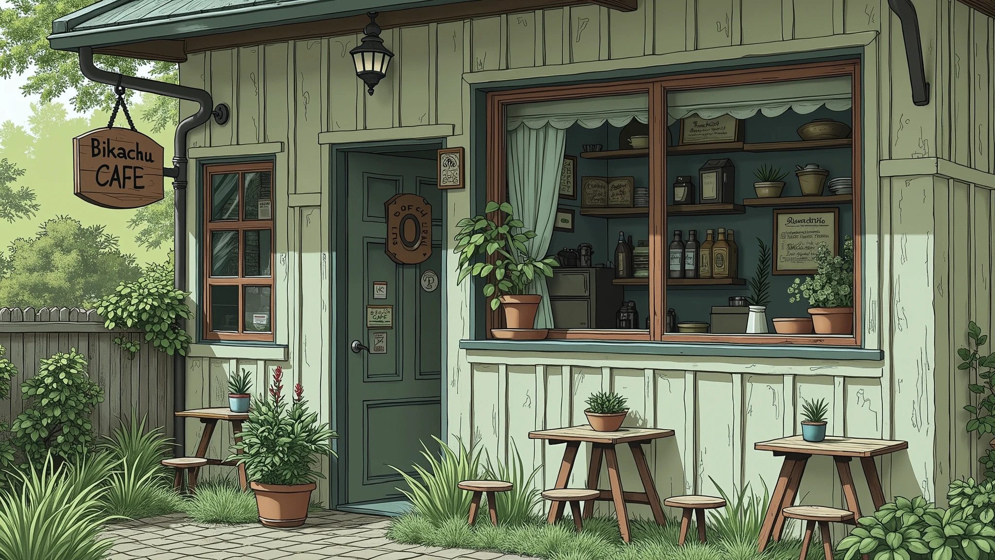 line-art painting of an coffee shop surrounded by green with the sign say "Bikachu Cafe", light rain outside, detailed texture