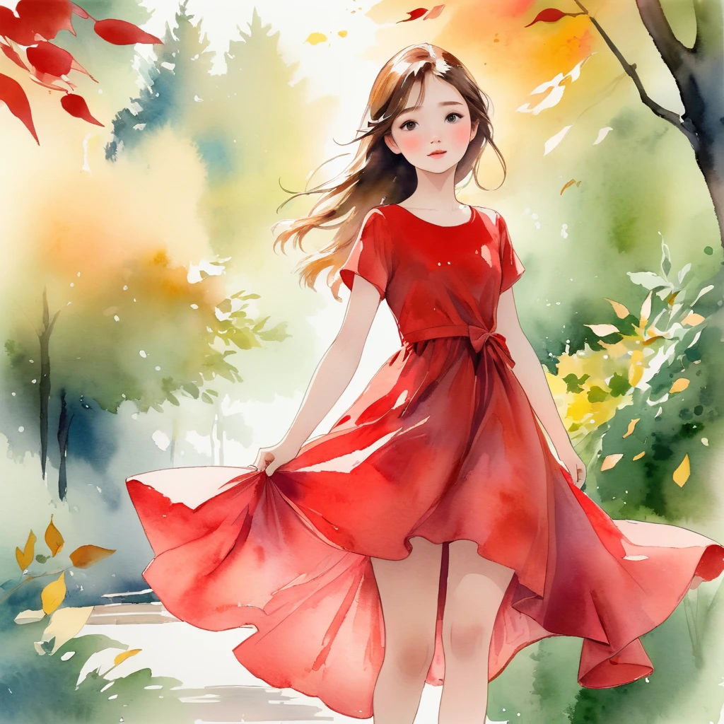 Top quality, rough sketches, soft breezes, swaying leaves, 1 young girl in a red dress, masterpieces that accurately capture a moment in time, watercolor, bokeh,