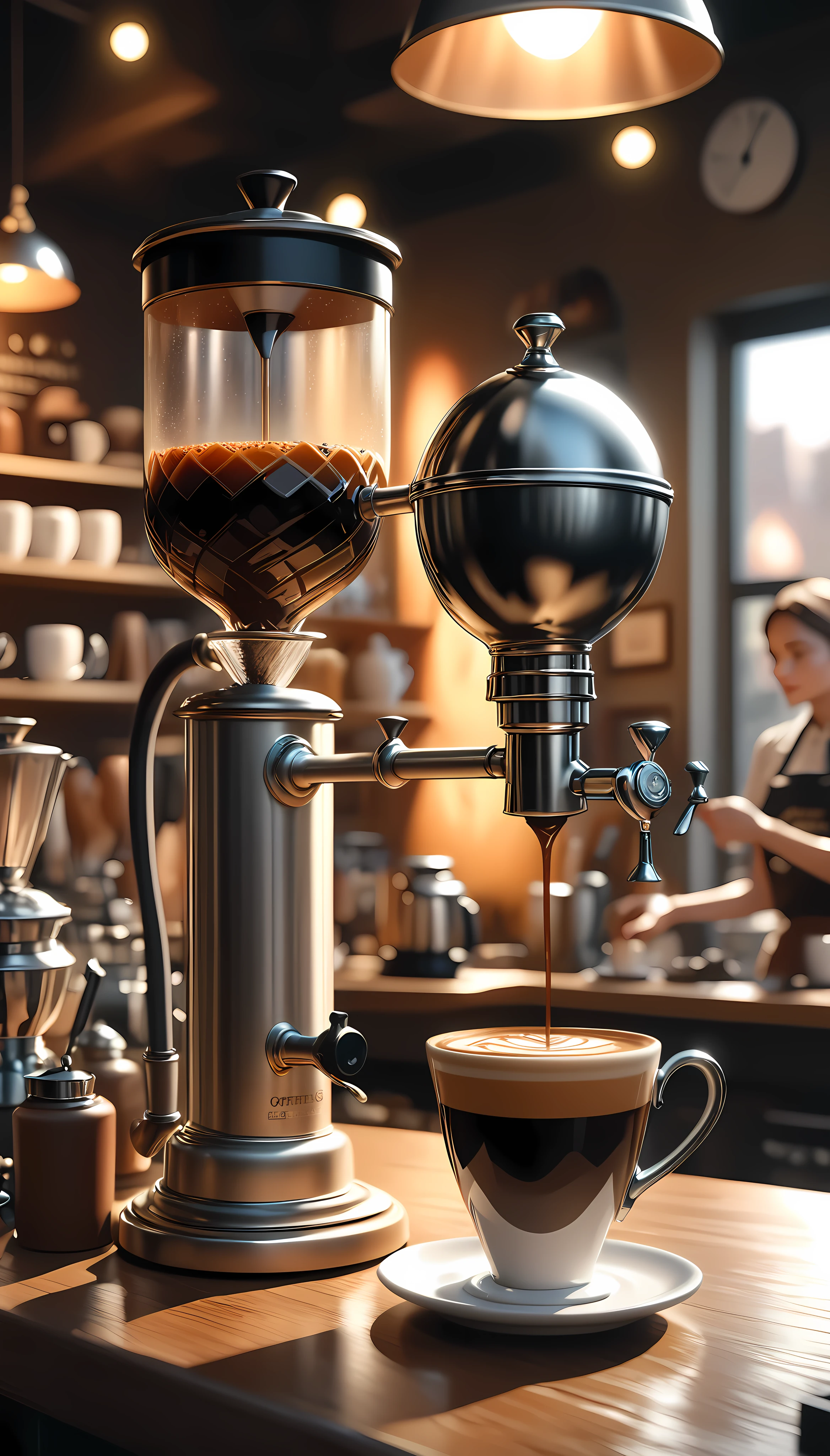 A beautiful female barista standing behind a vintage coffee siphon, serving a delicious and aromatic cup of coffee, ultra-detailed, photorealistic, 8k, hdr, studio lighting, extremely detailed metal and glass, steam rising from the coffee, warm cozy lighting, rich color tones, intricate textures, elegant expression on the barista's face, detailed eyes and lips, beautiful detailed hands, elegant pose, antique coffee shop interior, warm wooden accents, sunlight streaming through windows, steam rising from the coffee, mesmerizing aroma, artfully crafted, masterpiece