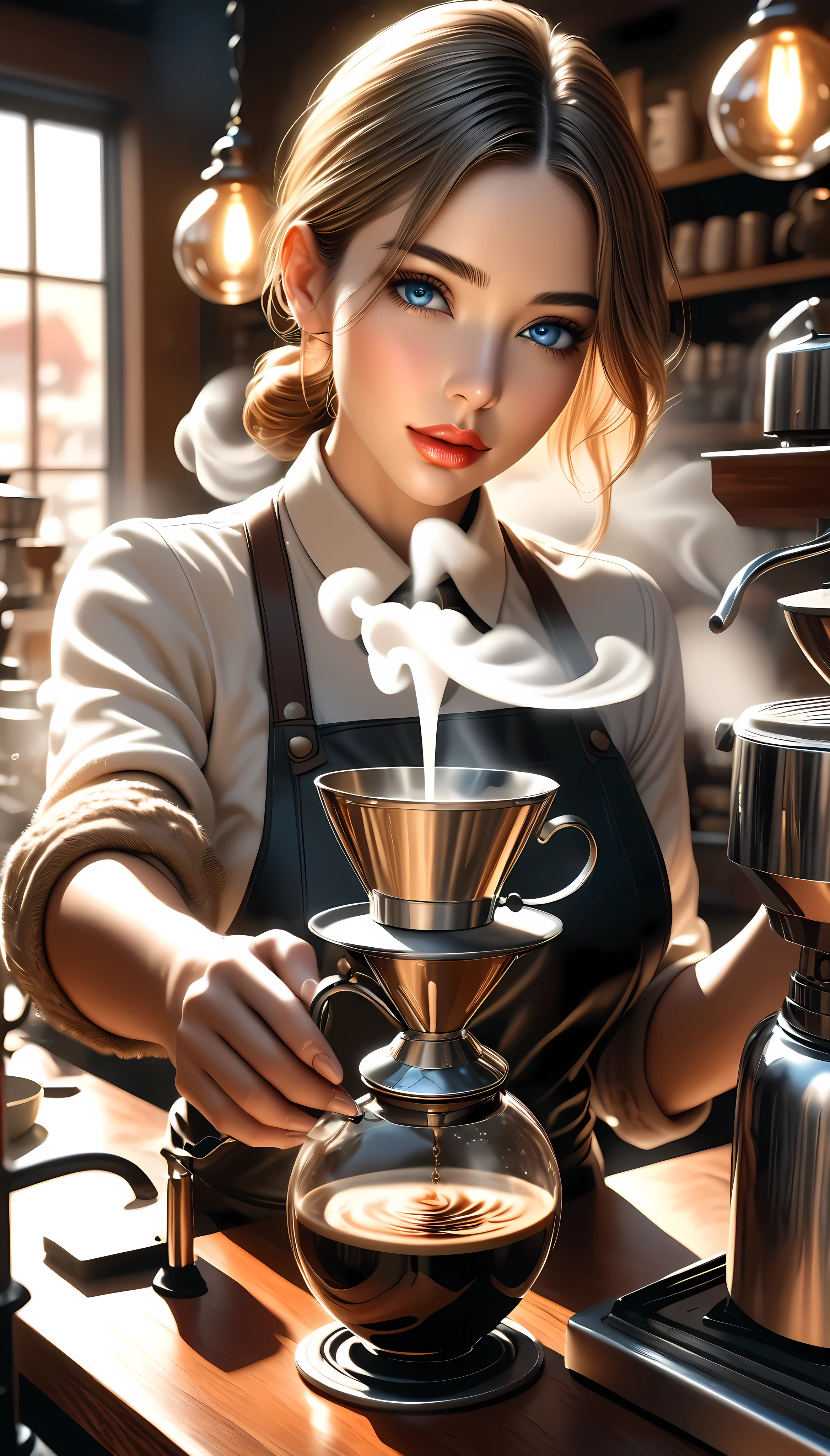 A beautiful female barista standing behind a vintage coffee siphon, serving a delicious and aromatic cup of coffee, ultra-detailed, photorealistic, 8k, hdr, studio lighting, extremely detailed metal and glass, steam rising from the coffee, warm cozy lighting, rich color tones, intricate textures, elegant expression on the barista's face, detailed eyes and lips, beautiful detailed hands, elegant pose, antique coffee shop interior, warm wooden accents, sunlight streaming through windows, steam rising from the coffee, mesmerizing aroma, artfully crafted, masterpiece