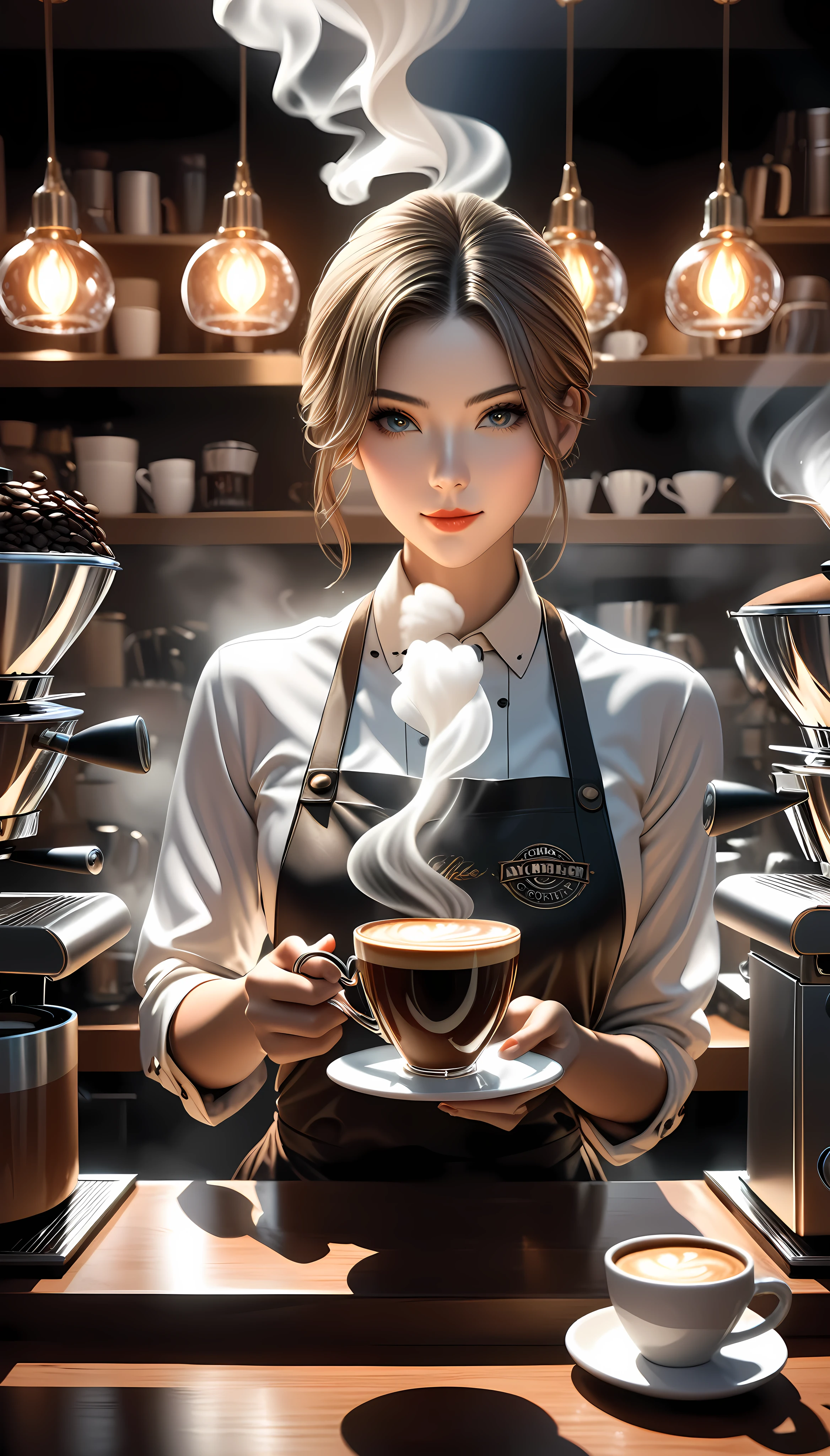 A beautiful female barista standing behind a vintage coffee siphon, serving a delicious and aromatic cup of coffee, ultra-detailed, photorealistic, 8k, hdr, studio lighting, extremely detailed metal and glass, steam rising from the coffee, warm cozy lighting, rich color tones, intricate textures, elegant expression on the barista's face, detailed eyes and lips, beautiful detailed hands, elegant pose, antique coffee shop interior, warm wooden accents, sunlight streaming through windows, steam rising from the coffee, mesmerizing aroma, artfully crafted, masterpiece