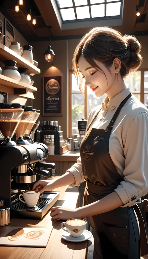 a beautifully detailed coffee shop interior with warm lighting, a barista preparing a delectable cup of gourmet coffee, the arom...