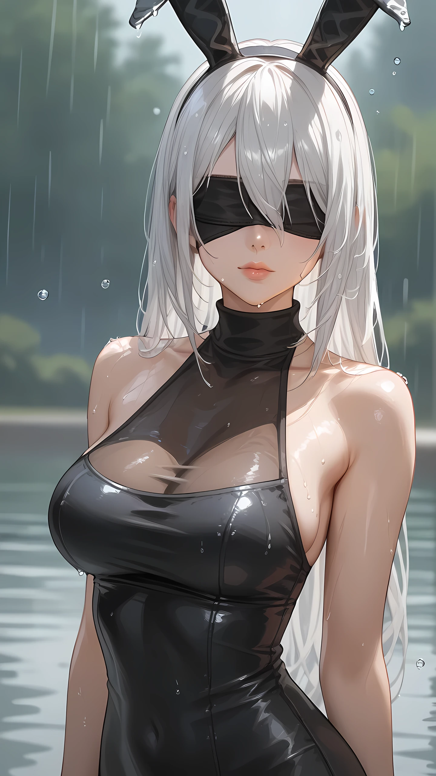 score_9, score_8_up, score_7_up, 1girl, solo, breasts, long hair, dress,bare shoulders, medium breasts, closed mouth, bunny ears, upper body, white hair, sleeveless, mole, blurry, black dress, lips, wet, depth of field, blurry background, turtleneck, phone, wet clothes, mole under mouth, facing viewer, rain, water drop, wet hair, yorha no. 2 type b, blindfold 