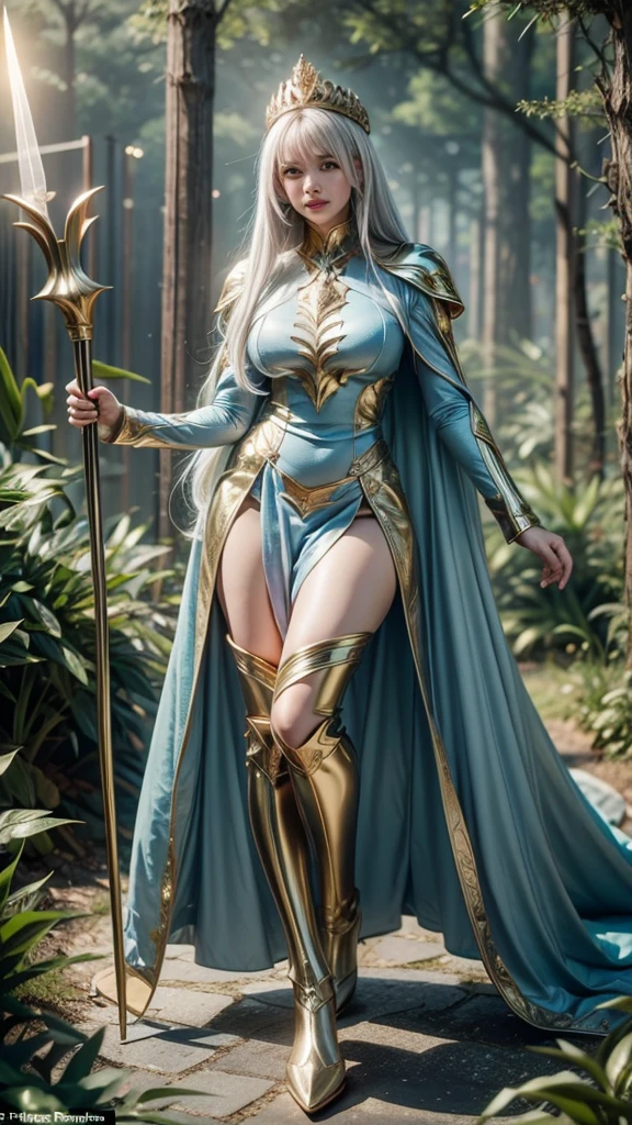 In a pleasant forest, women full body, legs thick, hips. wearing a blue suit of paladin powers, futurist. Armadura templária com detaileds de ouro fino, A goddess with long white hair, ultra detailed eyes, gold Crown, holding a staff with large glowing crystal at the tip of the glowing staff, detaileds: 1.2) 4K ultra-HD, slr digital, soft lighting, high qualiy