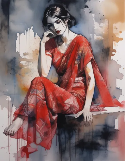 art style by bill sienkiewicz , goddess fashion pose, sitting, beautiful women looking in front, zoom view, high details in the ...