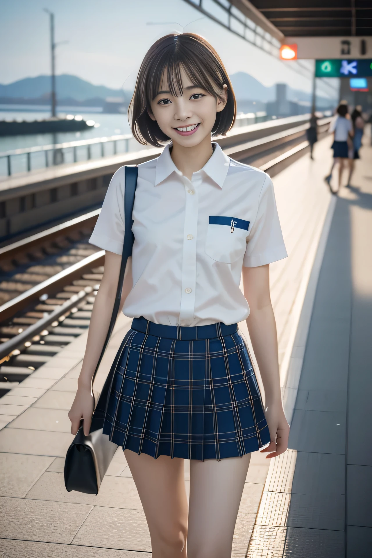 photorealistic, extremely delicate and beautiful, ultra-detailed, (best quality, 8k, 32k, masterpiece, UHD:1.2), SIGMA 35mm F22, ISO 400, Photo of 17yo pretty Japanese girl walking in train station platform, JK school uniform, short sleeves, ribbon, blue plaid pleated miniskirt, short hair, grin, teeth, station platform with sea view,