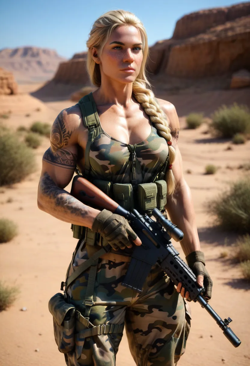 score_9, score_8_up, score_7_up, rating_explicit, 1girl, weapon, rifle, gun, solo, realistic, gloves, blonde hair, braid, holdin...