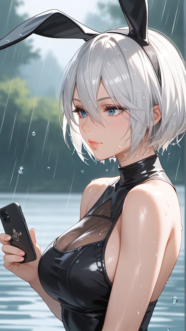 score_9, score_8_up, score_7_up, 1girl, solo, breasts, short hair, dress, blue eyes,bare shoulders, medium breasts, closed mouth, bunny ears, upper body, white hair, sleeveless, mole, blurry, black dress, lips, wet, depth of field, blurry background, turtleneck, phone, wet clothes, mole under mouth, facing viewer, rain, water drop, wet hair, yorha no. 2 type b