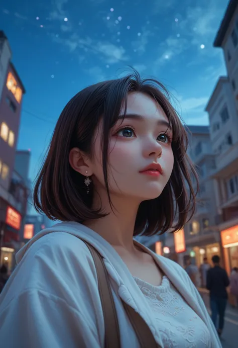 woman、very cute、perfect face、beautiful night sky、top of the hill、the cityscape below、