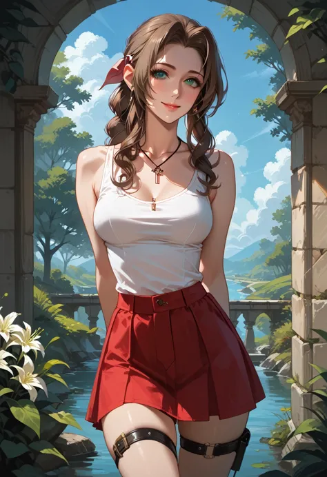 score_9, score_8_up, score_7_up, 1girl, solo, break aerith gainsborough, 20 years old, tank top, hairclip, cross jewelry, suspen...