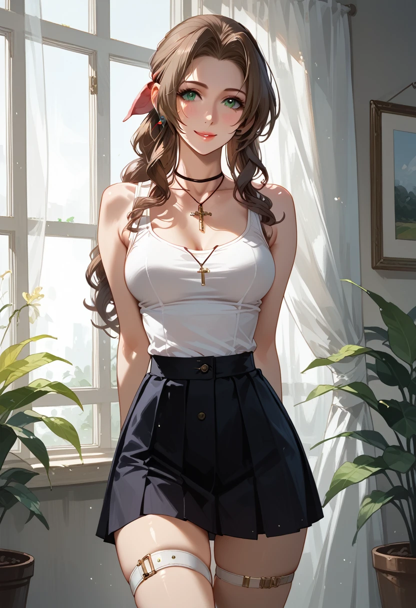 score_9, score_8_up, score_7_up, 1girl, solo, BREAK Aerith Gainsborough, 20 years old, tank top, hairclip, cross jewelry, suspender skirt, tall, skinny, narrow hips, BREAK seductive pose, thigh strap, arms behind back, medium breasts, affectionate gaze, light smile, BREAK (countryside crossroad:1.2), beautiful scene, highly detailed, detailed face, absurdres, 4k, masterpiece, best quality.