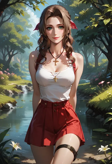 score_9, score_8_up, score_7_up, 1girl, solo, aerith gainsborough, 20 years old, tank top, hairclip, cross jewelry, suspender sk...