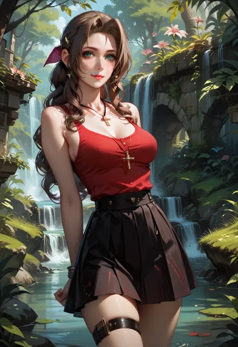 score_9, score_8_up, score_7_up, 1girl, solo, aerith gainsborough, 20 years old, tank top, hairclip, cross jewelry, suspender sk...