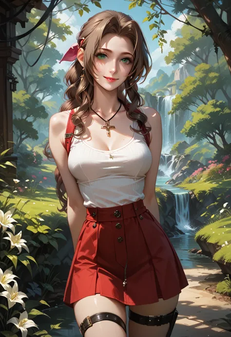 score_9, score_8_up, score_7_up, 1girl, solo, aerith gainsborough, 20 years old, tank top, hairclip, cross jewelry, suspender sk...