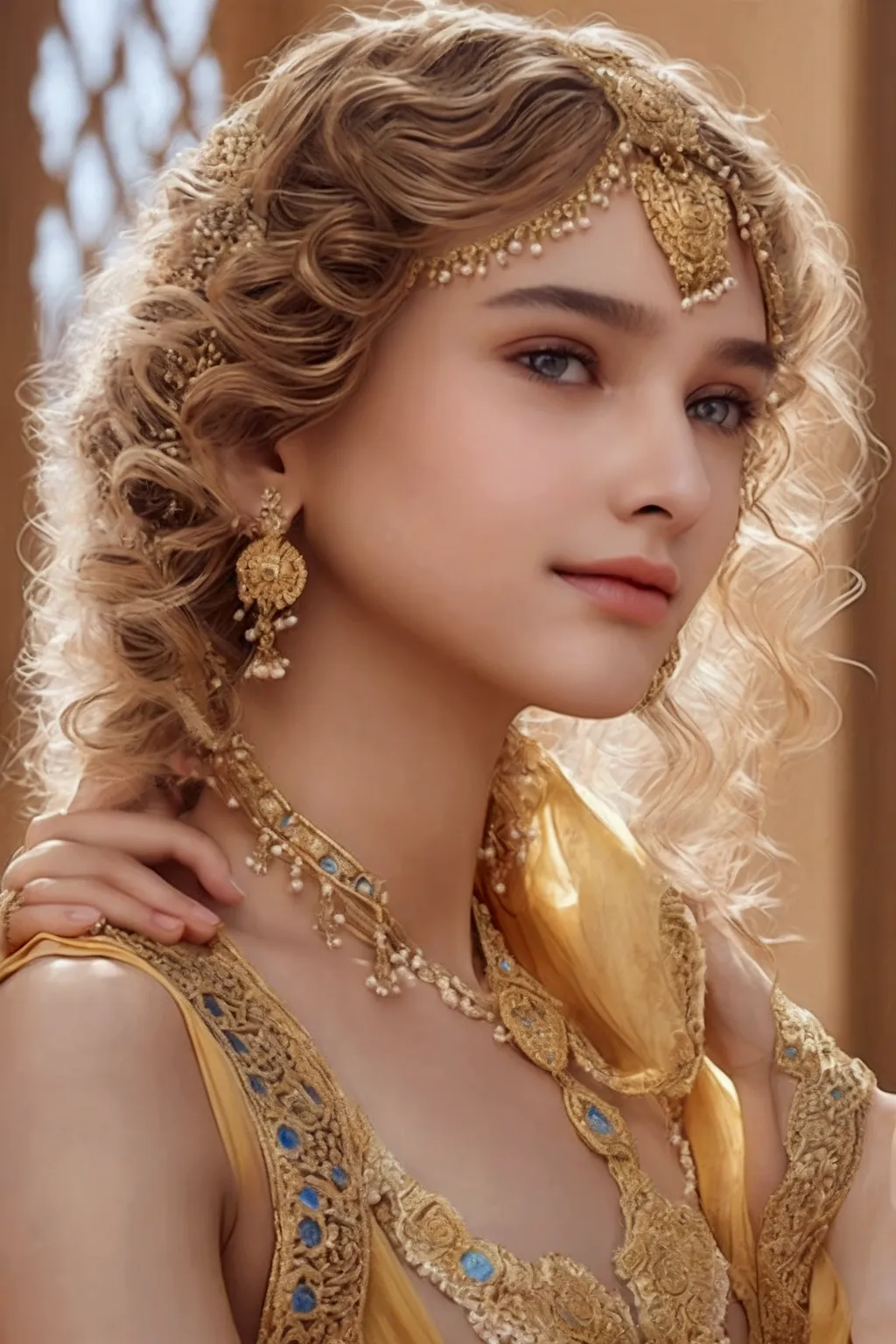 realistic photo of a young woman with curly light blond hair. her face resembles natalie portman's. she has blue eyes. , it's an...