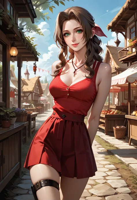 score_9, score_8_up, score_7_up, 1girl, solo, aerith gainsborough, 20 years old, tank top, hairclip, short skirt, tall, skinny, ...