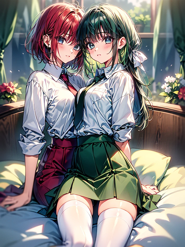 masterpiece, White shirt, Green Skirt ,Red tie, Red hair ribbon, White Stockings, 8k, Rin, Green Hair