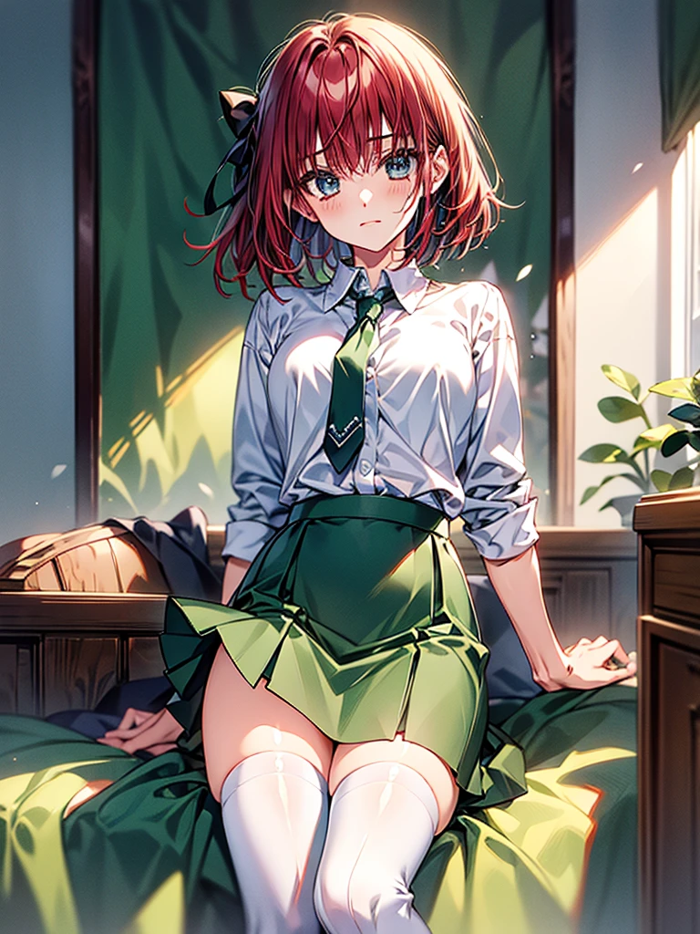 masterpiece, White shirt, Green Skirt ,Red tie, Red hair ribbon, White Stockings, 8k, Rin, Green Hair