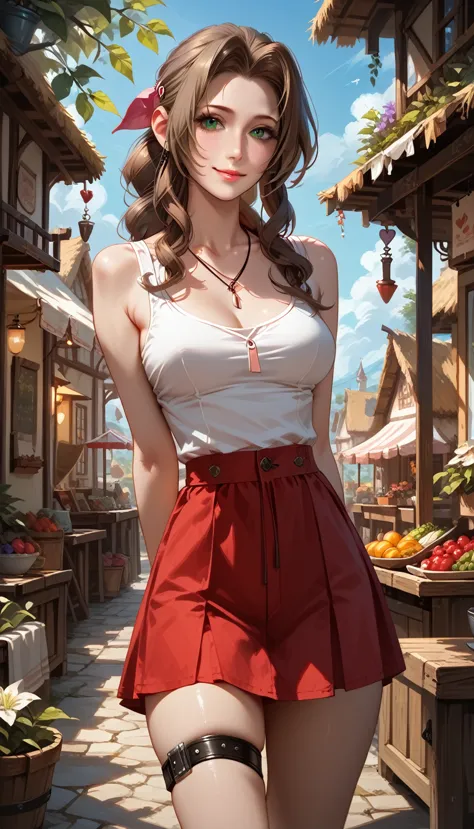 score_9, score_8_up, score_7_up, 1girl, solo, aerith gainsborough, 20 years old, tank top, hairclip, short skirt, tall, skinny, ...