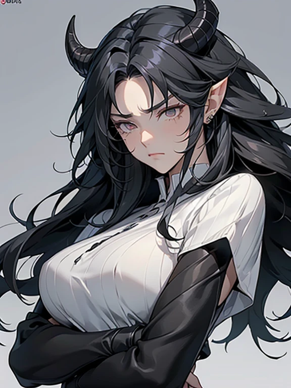 female cadres、Enemy Characters、cool、Big Breasts、Sad face、Crying face、Black Hair、Long Hair、Hair tip perm、Horns growing、Pointy Ears、frontview、
