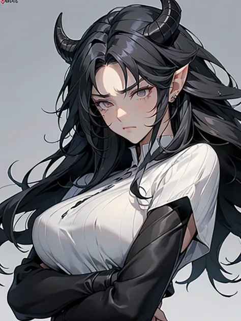 female cadres、enemy characters、cool、big breasts、sad face、crying face、black hair、long hair、hair tip perm、horns growing、pointy ear...