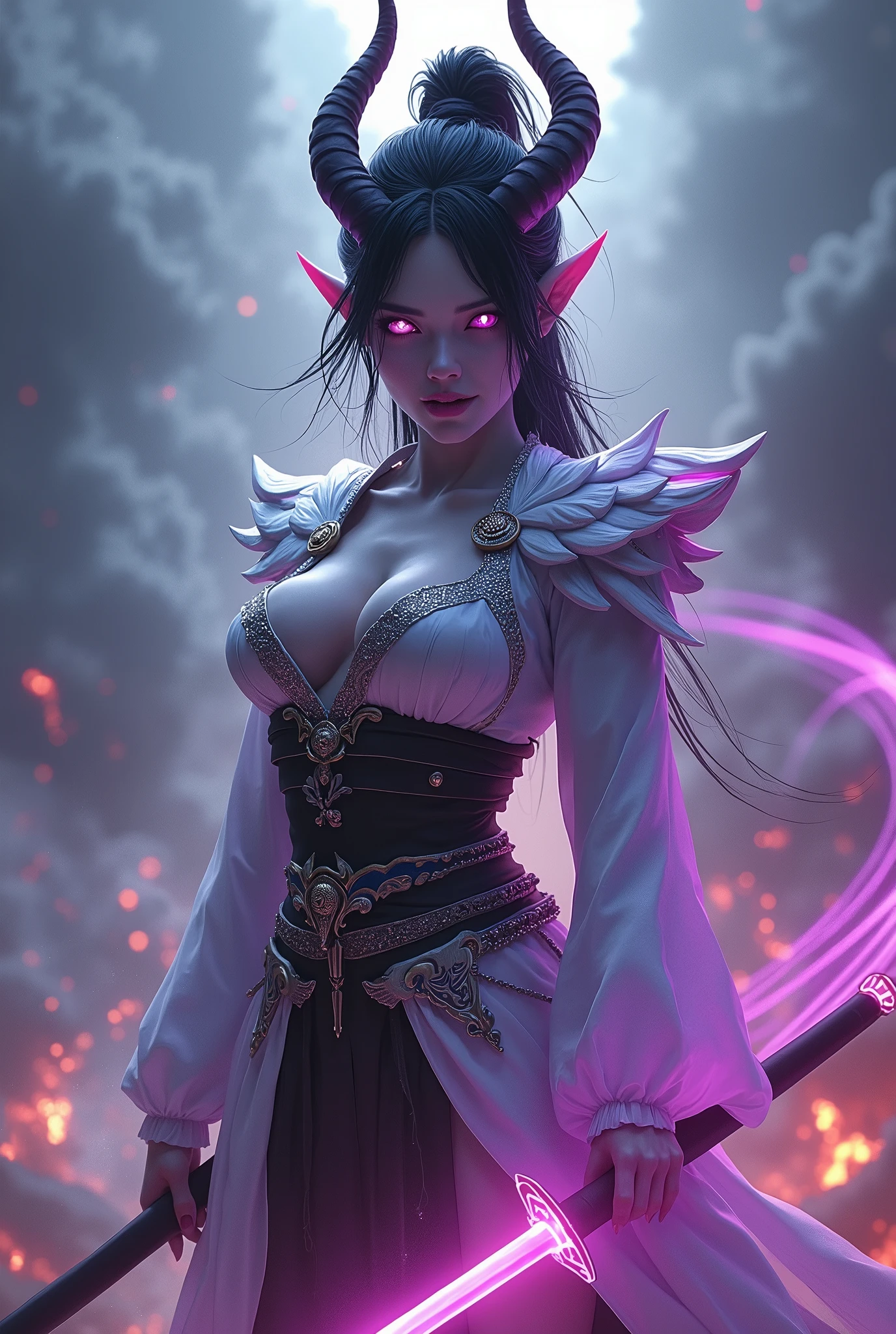 (best quality,4k,8k,highres,masterpiece:1.2), ultra-detailed, (realistic,photorealistic,photo-realistic:1.37), terrifying violet demon girl with the appearance of a white samurai, possessing a beautiful face and slender body, holding a sword. [demonic], [samurai], [sharp katana], [fearsome presence], [intricate armor], [elegant stance], [sinister aura], [glowing eyes], [ominous dark clouds], [menacing shadows], [intense expression], [powerful energy], [dynamic poses], [fiery background], [threatening gaze], [samurai sword techniques], [menacing horns], [flawless skin], [steely resolve], [dramatic lighting], [evil grin], [infernal flames], [sleek and swift movement], [intricate embossing], [mysterious mist], [aura of destruction], [sharp-edged weapon], [fierce warrior], [badass], [battle-ready], [terrifying posture], [epic battle], [enchanting eyes], [devious smile], [vengeful spirit], [deadly precision], [vengeful warrior], [haunting presence], [intimidating aura], [masked devil], [supernatural powers].