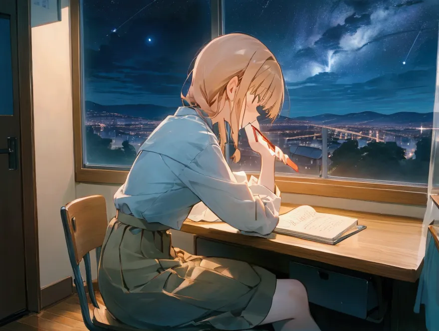 shiina mahiru, sitting on desk, side view, lofi girl inspired, writing on her diary on a desk, cute room, window with night sky ...