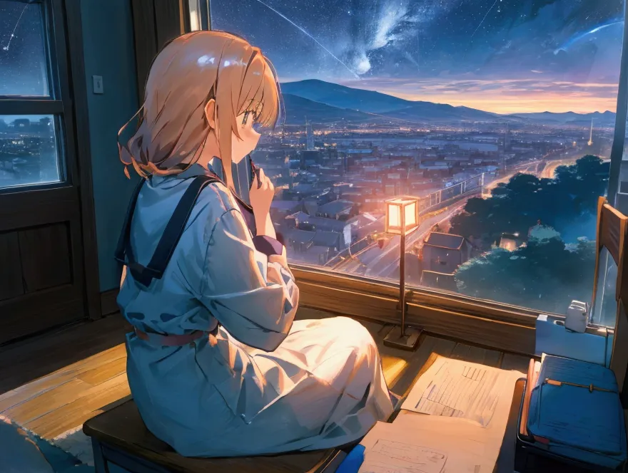 shiina mahiru, sitting on desk, side view perspective, lofi girl inspired, writing on her diary on a desk, cute room, window wit...