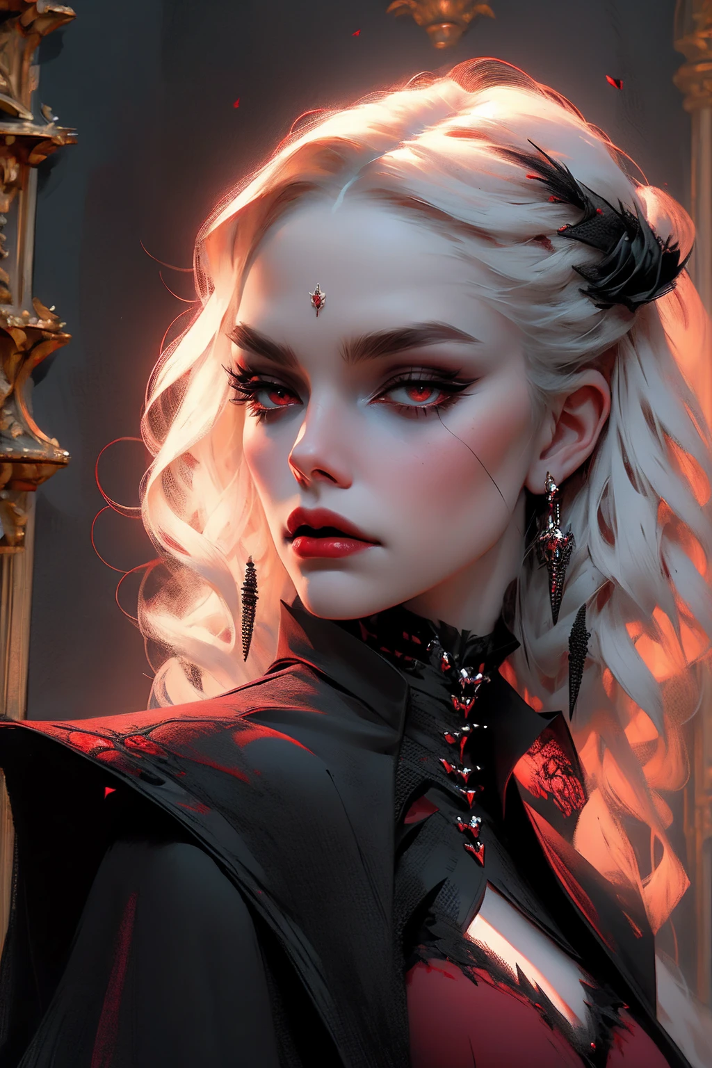 beautiful vampire woman, extremely detailed eyes and face, long white hair, red eyes, black victorian gown, piercing look, red lipstick, photorealistic, 8k, high quality, dramatic lighting, dark moody atmosphere, gothic, cinematic