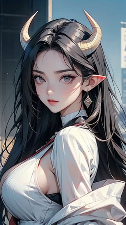 female cadres、Enemy Characters、cool、Big Breasts、Black Hair、Long Hair、Hair tip perm、Horns growing、Pointy Ears、frontview、
