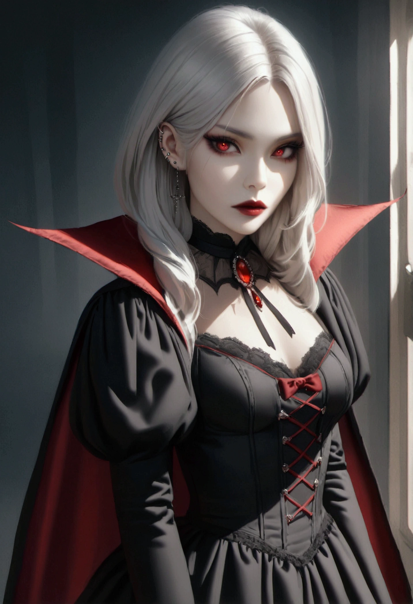 beautiful vampire woman, extremely detailed eyes and face, long white hair, red eyes, black victorian gown, piercing look, red lipstick, photorealistic, 8k, high quality, dramatic lighting, dark moody atmosphere, gothic, cinematic