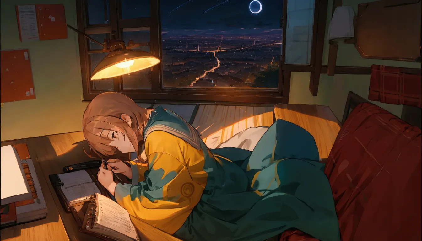 shiina mahiru, sitting on desk, side view, lofi girl inspired, writing on her diary on a desk, cute room, window with night sky ...