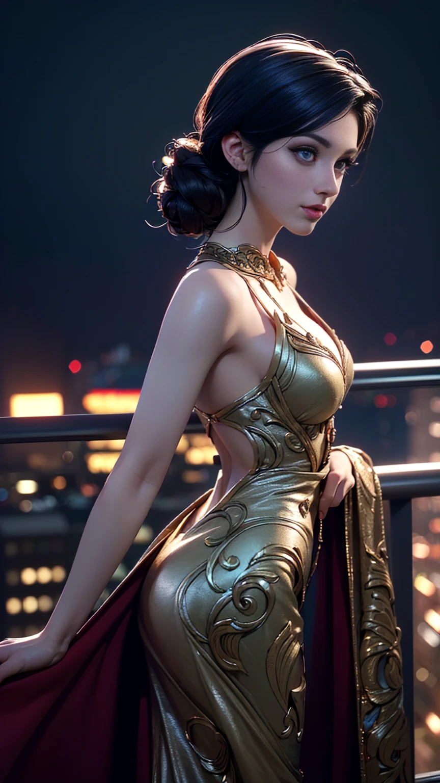 photo of rolyatistaylor, RAW, beautiful woman, ((portrait)), ((detailed face:1.2)), ((detailed facial feature, detailed skin, clear skin), (perfect proportioned body), arched back, (wearing a costume dress:1.1) (high detailed city environment, apartment balcony), (realistic photo, best quality, detailed), (8k wallpaper), (cinematic lighting, dramatic lighting) (sharp focus, intricate)