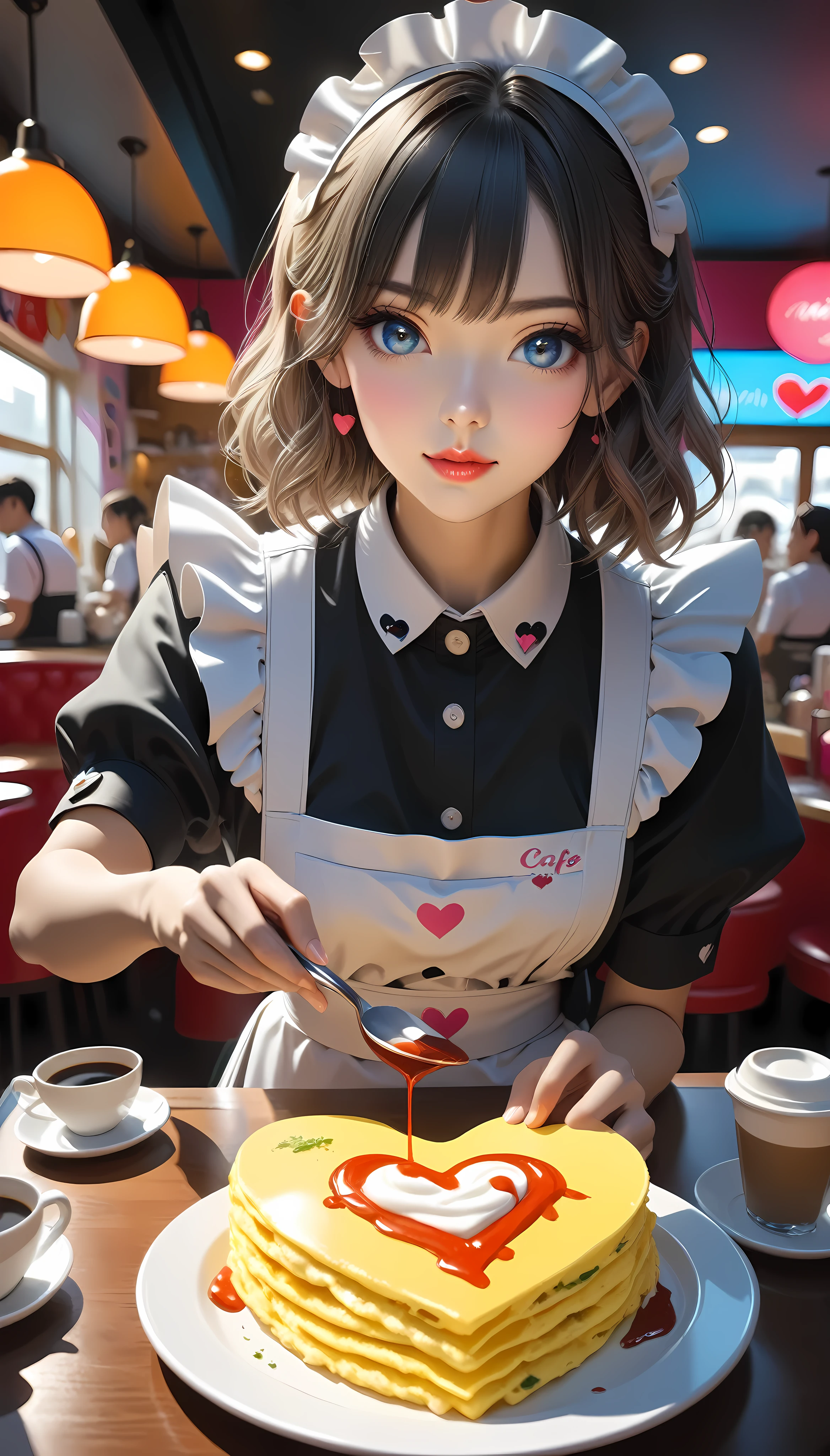 a beautiful maid in a colorful maid cafe, detailed maid uniform, moe moe aesthetic, heart-shaped ketchup design on fluffy omelette, steaming hot coffee with heart latte art, maid gazing lovingly, delicate hands offering the coffee, 8k, high quality, vibrant colors, dynamic lighting, photorealistic, detailed, cute, kawaii, elegant, intricate, masterpiece