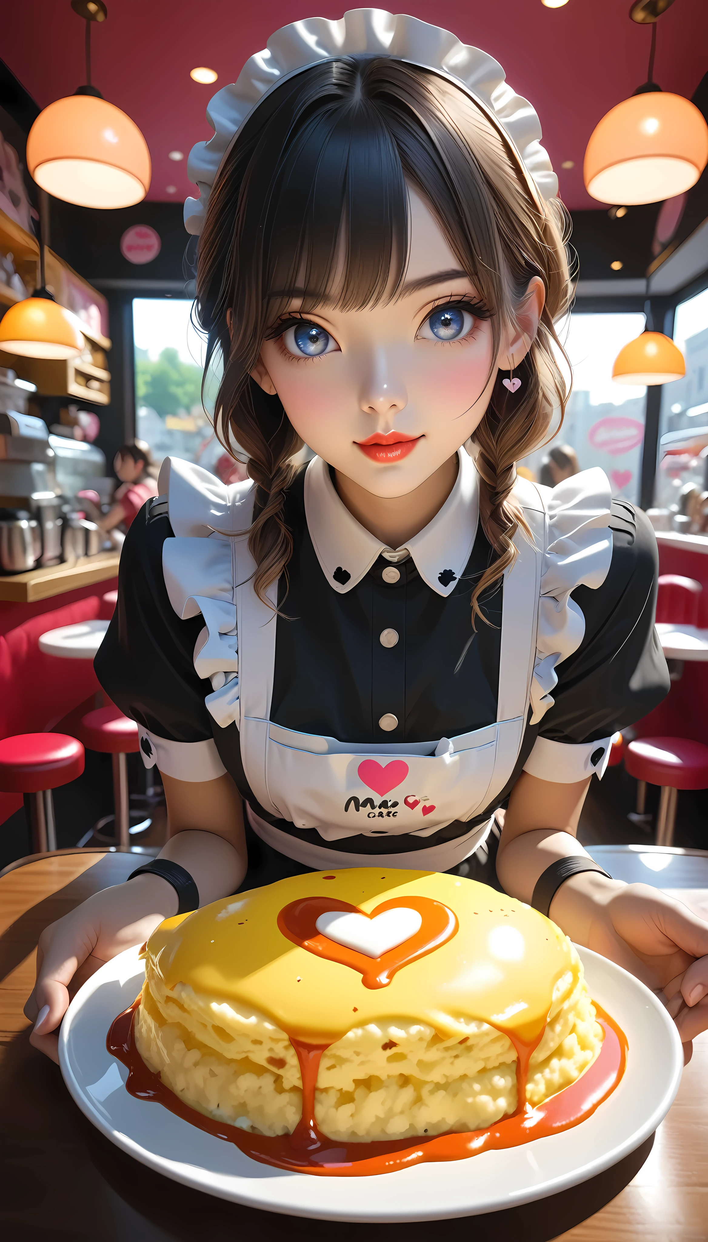 a beautiful maid in a colorful maid cafe, detailed maid uniform, moe moe aesthetic, heart-shaped ketchup design on fluffy omelette, steaming hot coffee with heart latte art, maid gazing lovingly, delicate hands offering the coffee, 8k, high quality, vibrant colors, dynamic lighting, photorealistic, detailed, cute, kawaii, elegant, intricate, masterpiece