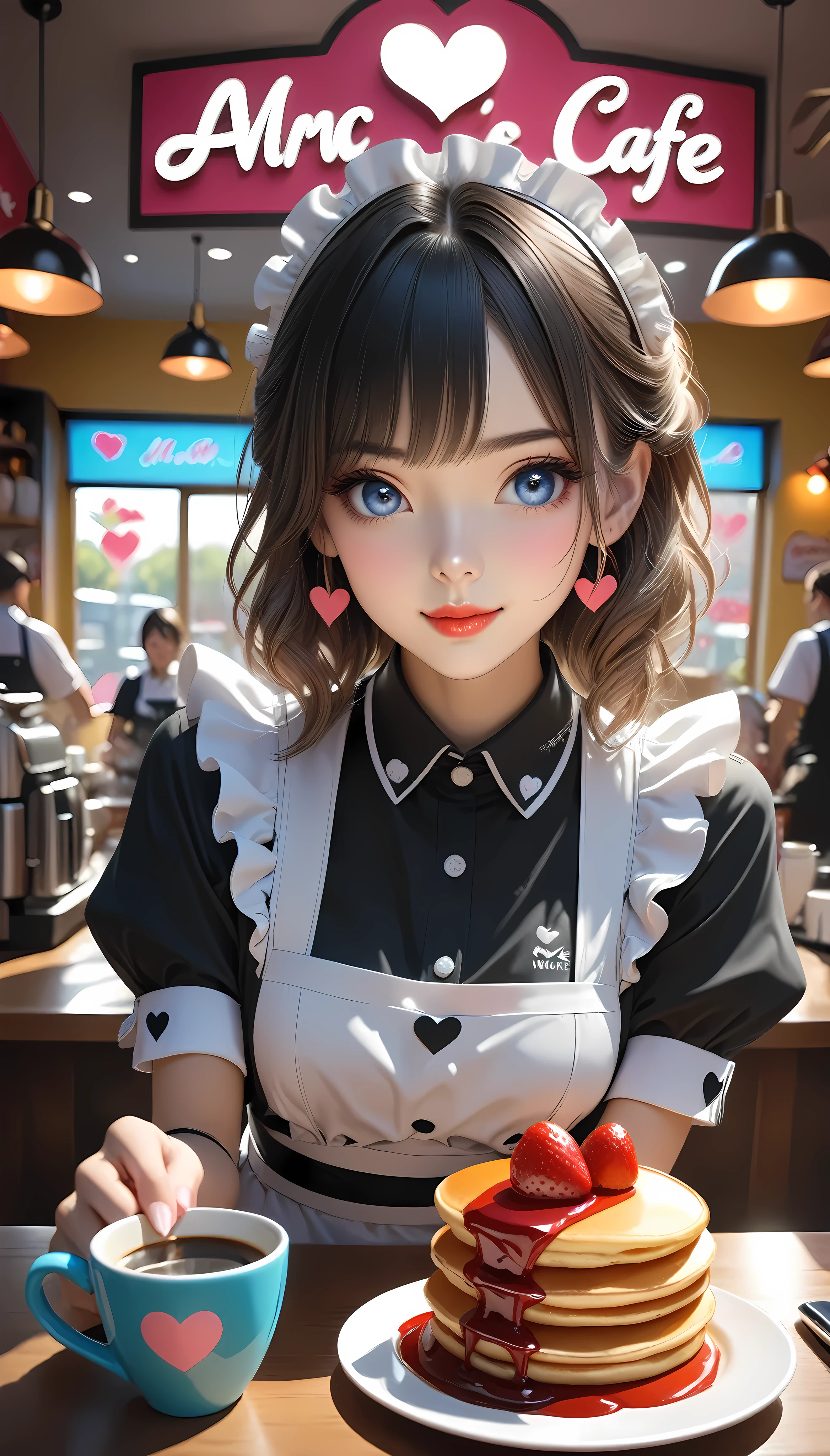 A vibrantly coloured work of art, maid Cafe, Coffee provided, Moe Moe Zukyuun💕, BREAK Fluffy pancakes, A heart is drawn with strawberry sauce, BREAK with coffee, An attractive maid stares at you, Coffee offered to you with a gentle hand, ARW