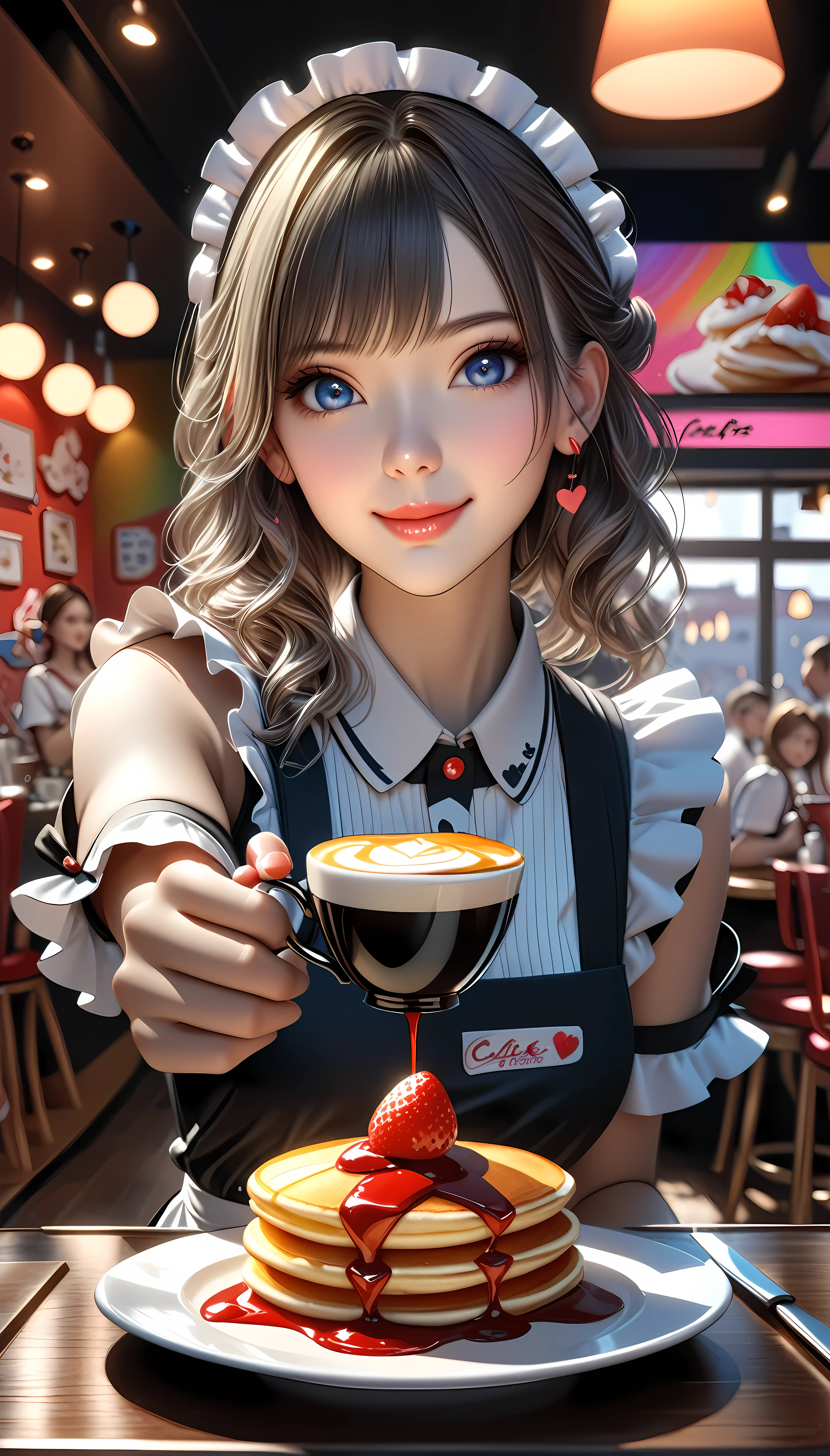 1girl, maid cafe, cute and adorable, vibrant colorful artistic masterpiece, fluffy pancakes with heart-shaped strawberry sauce, coffee with cream, beautiful maid gazing at viewer, delicate hand offering coffee, award-winning, (best quality,4k,8k,highres,masterpiece:1.2),ultra-detailed,(realistic,photorealistic,photo-realistic:1.37),HDR,UHD,studio lighting,ultra-fine painting,sharp focus,physically-based rendering,extreme detail description,professional,vivid colors,bokeh