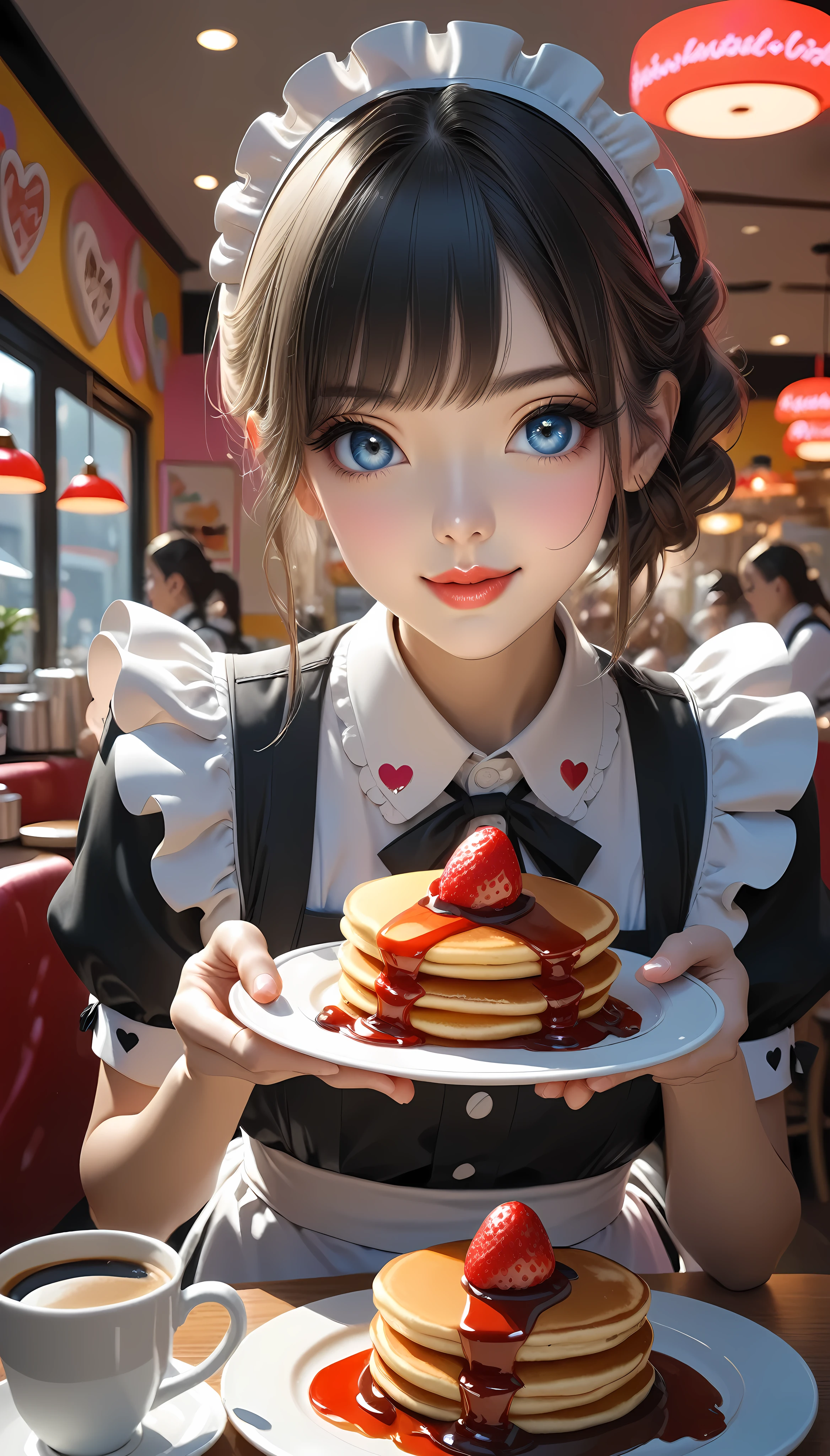 A vibrantly coloured work of art, maid Cafe, Moe Moe Zukyuun💕, BREAK Fluffy pancakes, A heart is drawn with strawberry sauce, BREAK An attractive maid stares at me, Coffee offered to you with a gentle hand, 