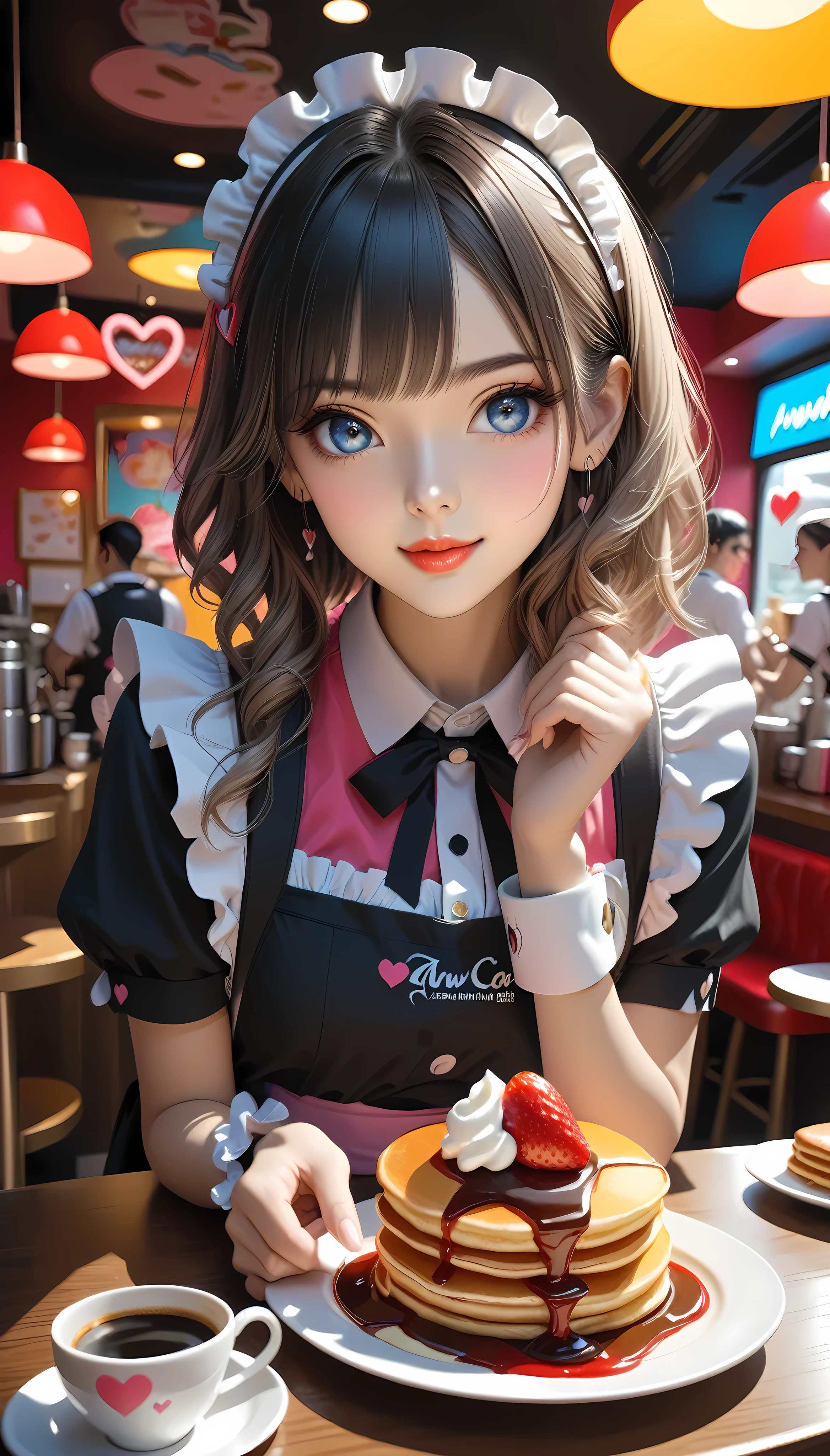 A vibrantly coloured work of art, maid Cafe, Coffee provided, Moe Moe Zukyuun💕, BREAK Fluffy pancakes, A heart is drawn with strawberry sauce, BREAK with coffee, An attractive maid stares at you, Coffee offered to you with a gentle hand, ARW