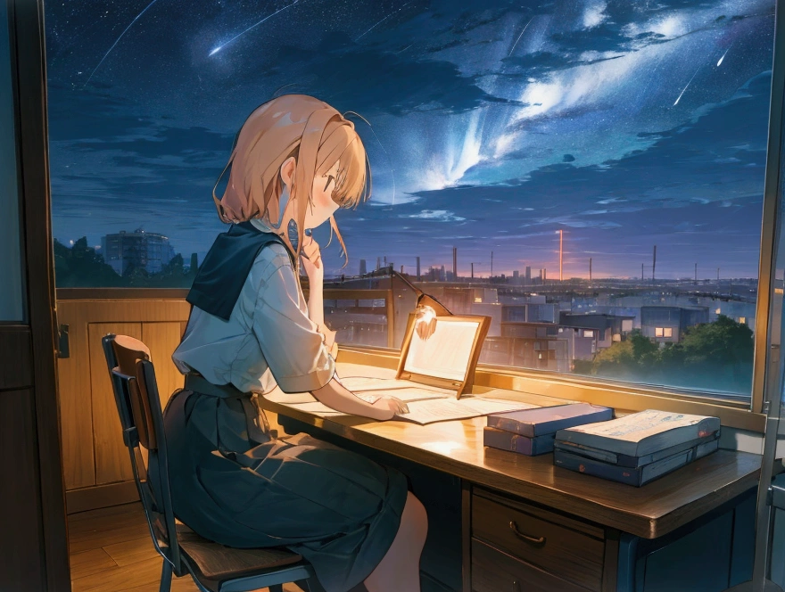 Shiina Mahiru, sitting on desk, side view, LoFi Girl Inspired, writing on her diary on a desk, cute room, window with night sky behind her.