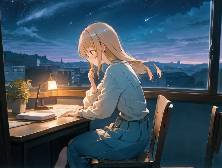 shiina mahiru, sitting on desk, side view, lofi girl inspired, writing on her diary on a desk, cute room, window with night sky.