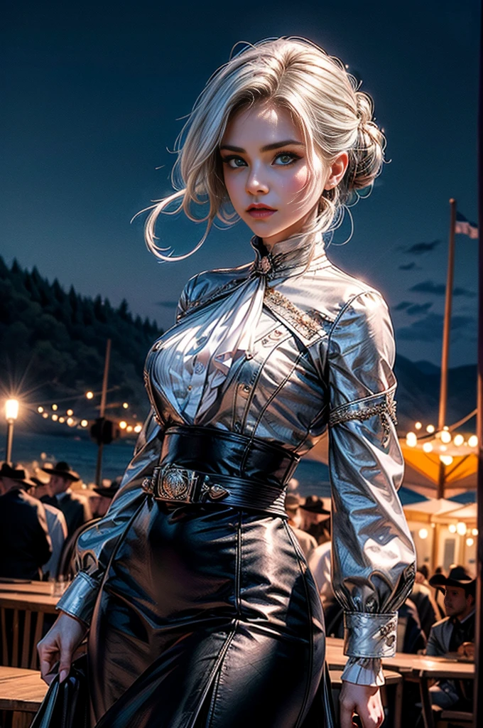 masterpiece,best quality, masterpiece, high detail,detailed face,detailed eyes,rendered eyes,perfect eyes,hip lines,crisp image,detailed,amazing,8k,8k wallpaper,8k background,high detailed skin,high res, (((cowboy shot))), solo, 1girl,looking at viewer,WillowSchnee, white hair tied up in a bun, low on the right side of the back of her head, while her bangs are shaped around the left side of her face and a small, curled lock of hair reaching almost to her shoulders. her attire consists of a black dress, white cravat secured by a silver brooch set with a red stone,  a wide belt around her waist,  black tights and red shoes. serious expression,  outdoors, military wedding, lavish wedding reception, on hillside, overlooking coast, sea, crowd, (crowd in military dress), tables, (volumetric lighting), sharp focus, hyper detailed 