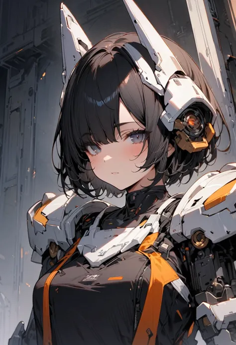 High resolution, masterpiece, Highest quality, girl, , Full body portrait:1.5, Black Short Hair, Right eye is mechanized, The right half of the body is mechanized, Under maintenance