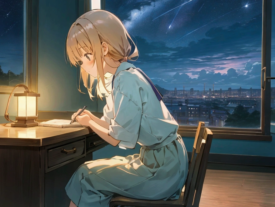 Shiina Mahiru, sitting on desk, side view, LoFi Girl Inspired, writing on her diary on a desk, cute room, window with night sky.