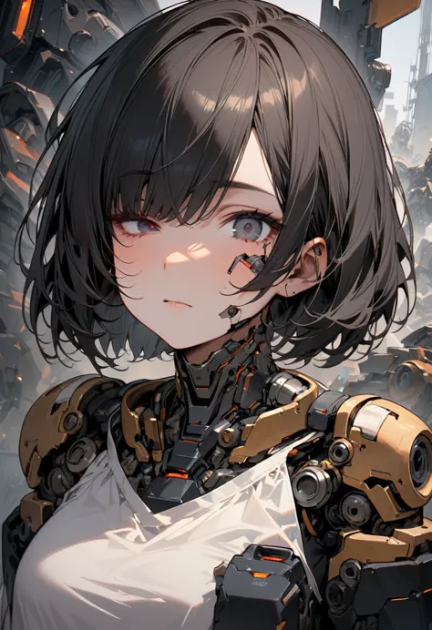 High resolution, masterpiece, Highest quality, girl, , Full body portrait:1.5, Black Short Hair, (cyborg:1.2), (Right eye is mechanical:1.3, The right half of the body is mechanized:1.5), Under maintenance