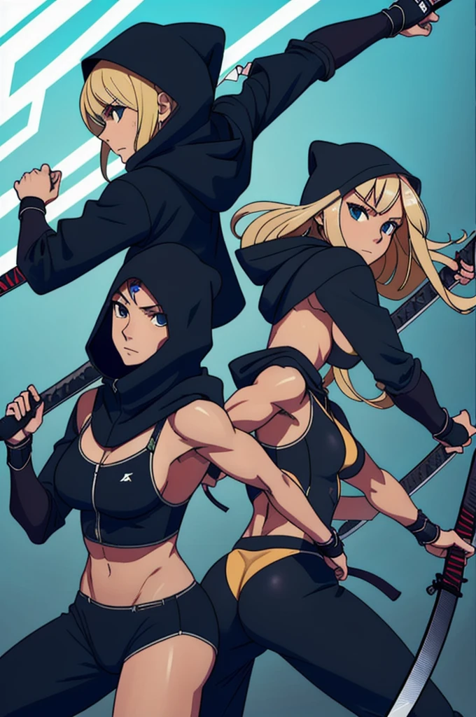 image of two beautiful and muscular girls, a blonde and a black woman, with modern ninja cybertech swimsuits with hoods, back to back armed and in combat stance with katanas and rifles