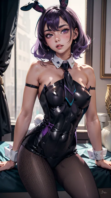 (masterpiece, best quality), 1girl,   lilac purple side swept curls, size a breasts, necktie,pantyhose,coattails,bunny,