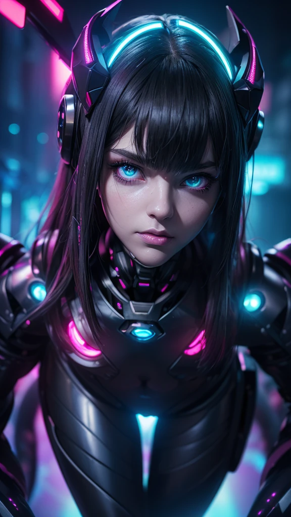 girl realistic and intricate perfect beauty face, detailed & asymmetric perfect sharp galaxy glowing eyes, detailed face, (((from face to the waist))), (((beauty shape))), ((in realistic neon-lit sci-fi black plugsuit metal mech parts and robotic tentacles with neon-lit lights)), masterpiece, 4k, UHD